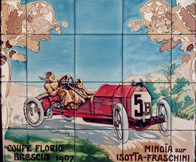 Minoia Driving an Isotta Fraschini Car in the Florio Brescia Cup of 1907: Ceramic Tiles Manufactured by Gilardoni Fils et Cie of Paris, after a Drawing by Ernest Montaut, 1908-10 by Ernest Montaut